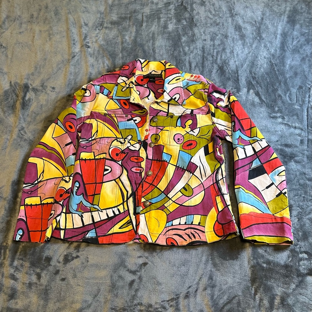 Vintage 90s Mirror Image All Over Cafe Art Deco Printed‎ Canvas Jacket Size Med